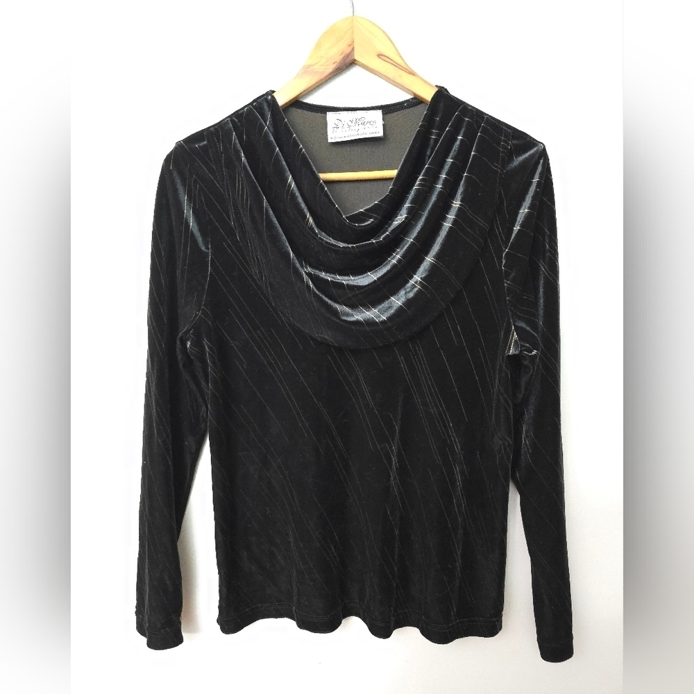 Di Marco Vtg Small Velvet Cowl Neck Shirt Velour Black Gold Stripes Plush